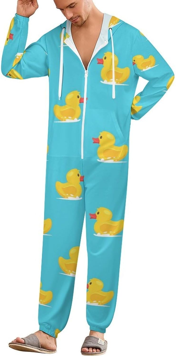 Yellow Rubber Duck Adult Pajamas Onesie with Hood Pocket Jumpsuits One Piece Sleepwear