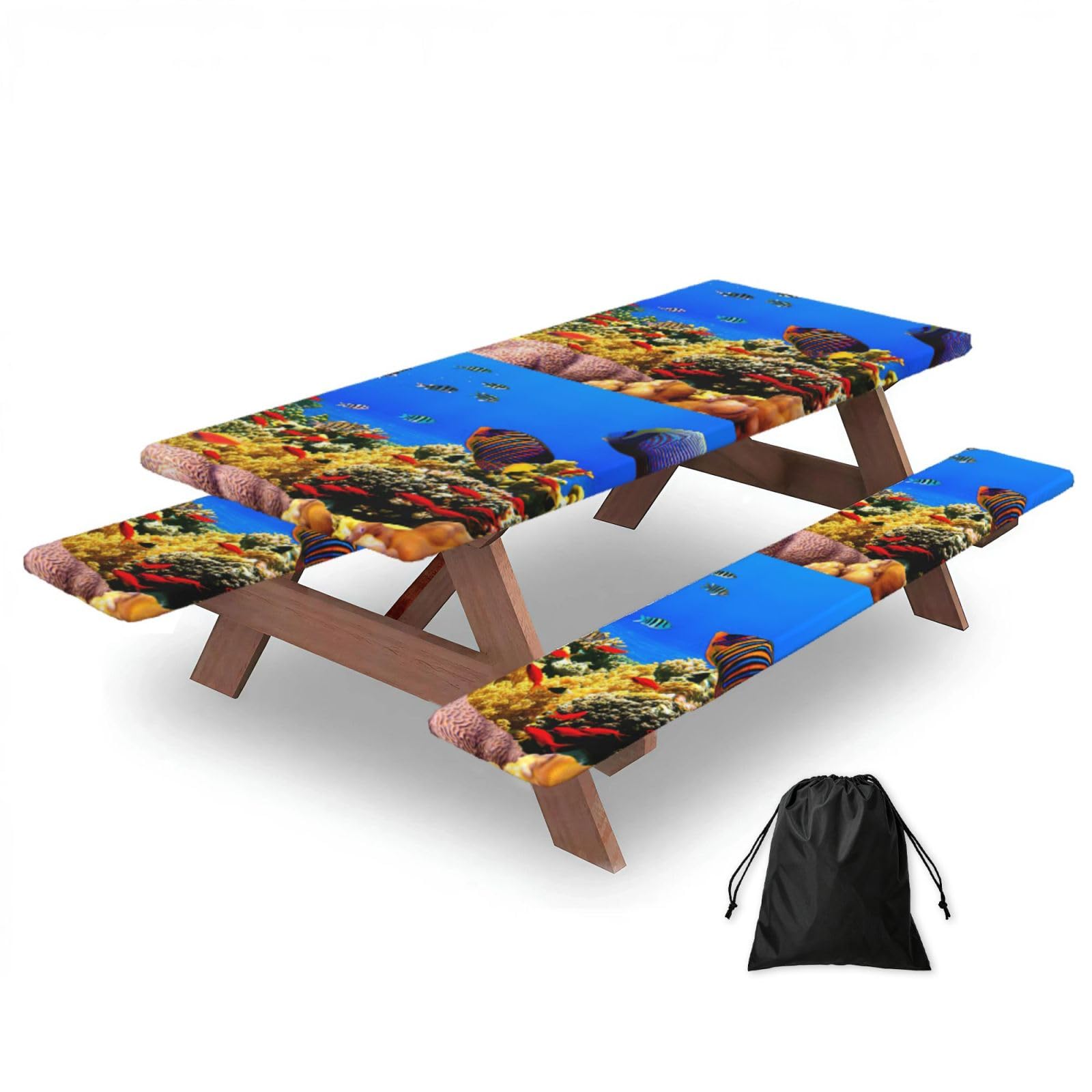 Yqxwjl Black Sea Fish Pattern Print Camping Essentials Waterproof Camping Table And Bench Cover With Drawstring Bag 183 Cm