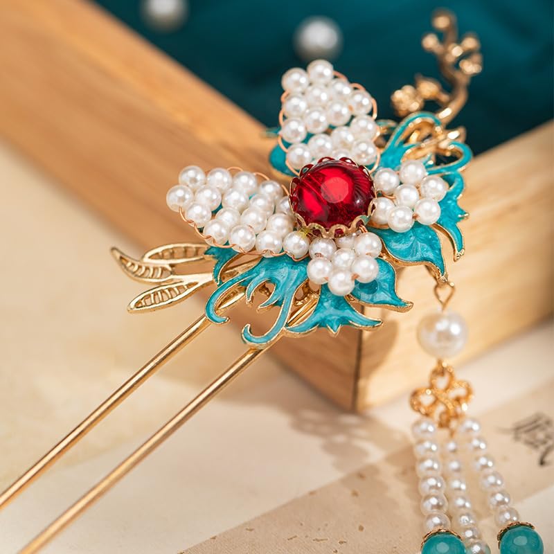 Pinza para cabello Burning Blue Branches con mariposa y borlas de perlas para Hanfu chino miniatura 2