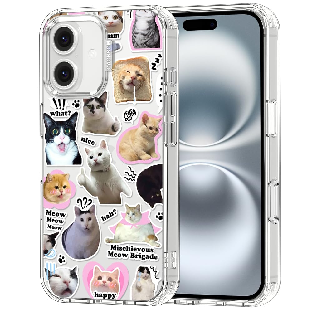 MOSNOVO Case for iPhone 16, [Buffertech 6.6ft Military-Grade Drop Protection] [Anti Peel Off Tech] Clear TPU Bumper Phone Case Cover Design - The Cat