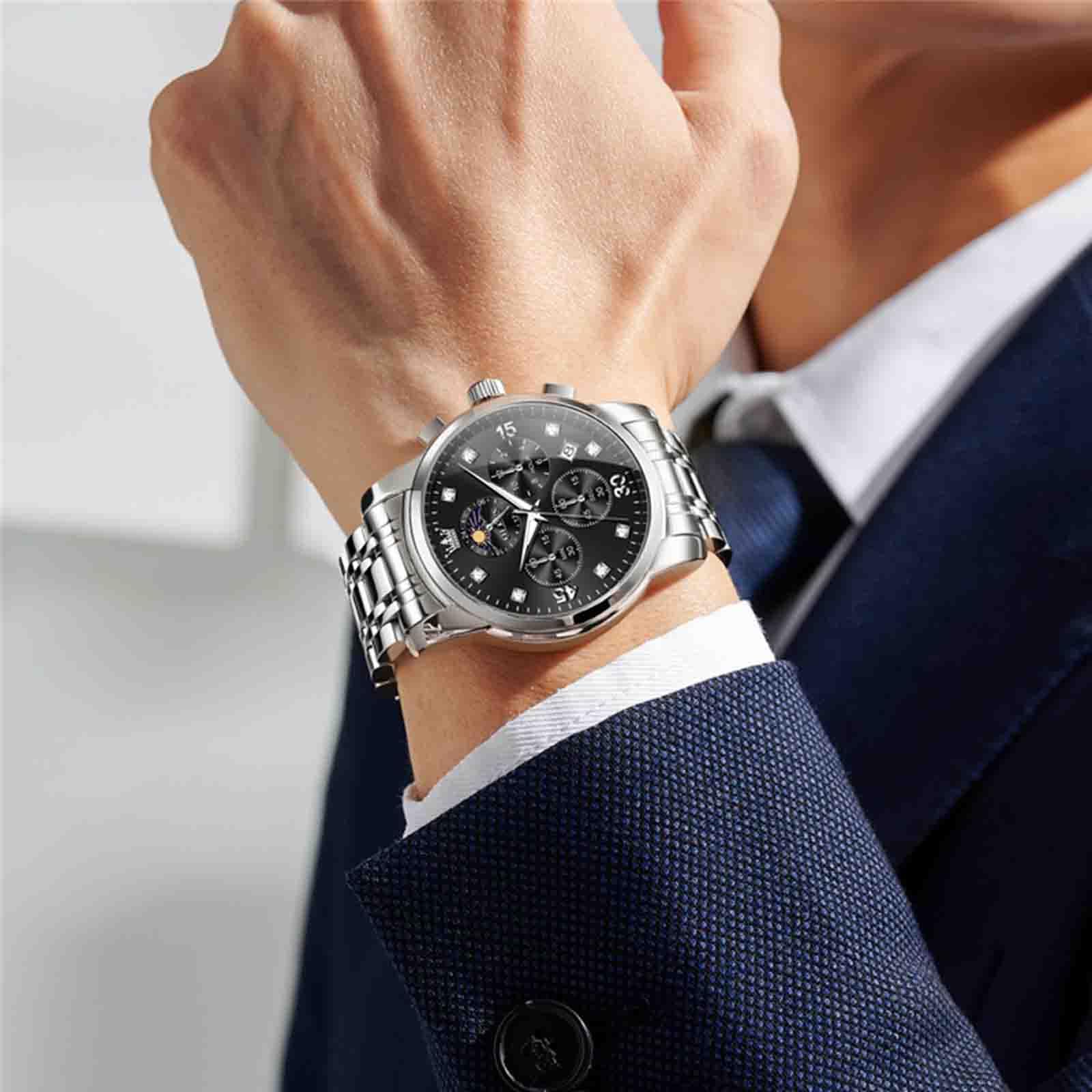 OLEVS Montre Multifonction pour Homme, Multi-Cadrans, étanche, chronographe Lumineux avec Date, Montre en Acier Inoxydable pour Homme, Montres de Luxe à Phase de Lune