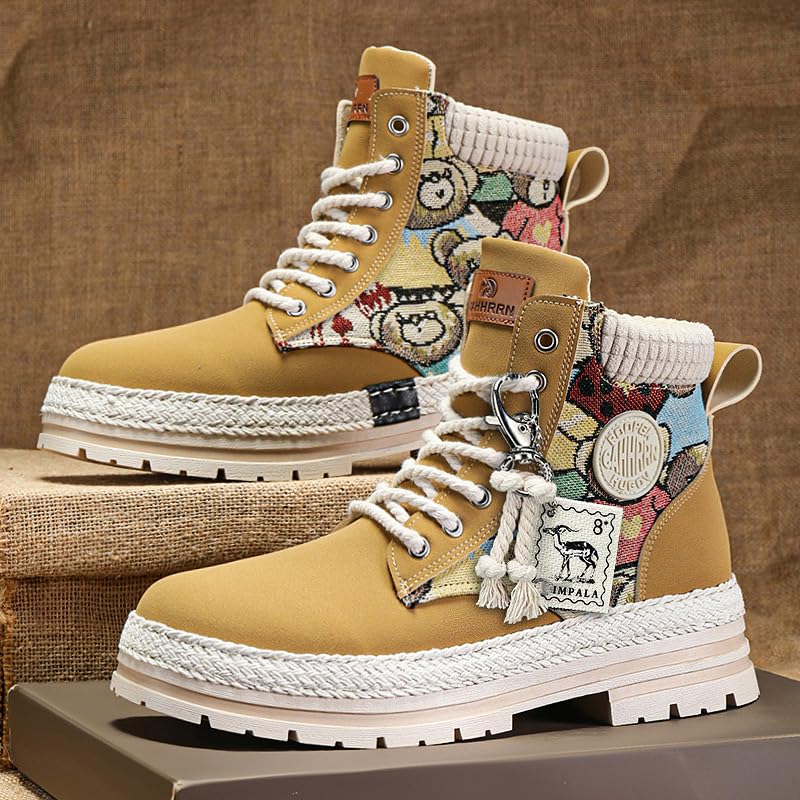 Designer Combat Boots with Teddy Bear Pattern, Lace-Up Platform Ankle Boots, Available in Beige, White, Black, Canvas Leather2