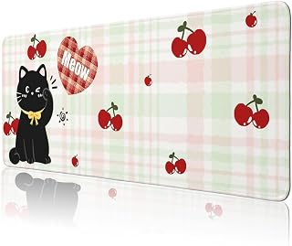 Kawaii Cat Gaming Mouse Pad Large Desk Mat Extended Keyboard Cute Black Cat Cherry Gingham Mousepad with Non-Slip Base and Stitched Edge for Desk Home Office Gaming 31.5 x 11.8 Inch