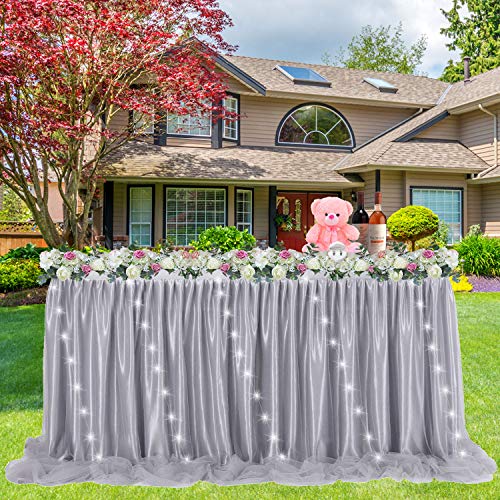 LED-Tischrock, grauer Tüll-Tischrock, Tutu-Tischdecke, Sockelleiste für rechteckigen oder runden Tisch für Babyparty, Hochzeit und Geburtstag, Winterparty, Dekoration (L 1,8 m) x H 76,2 cm Tischrock) Cover