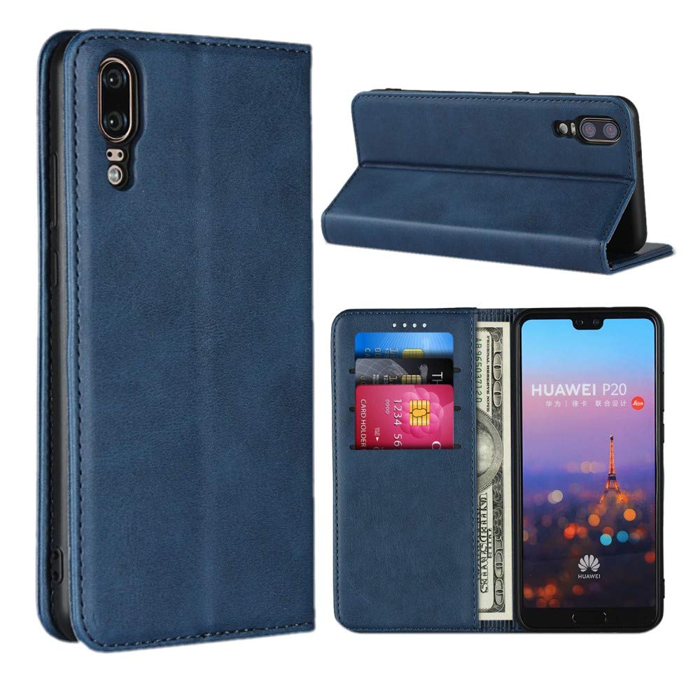 for Huawei P20 Case,Cowhide Pattern Leather Magnetic Book Wallet Case Stand Holder Flip Cover with Card Slots/Cash Compartment for Huawei P20(5.8 inch)-Navy Blue
