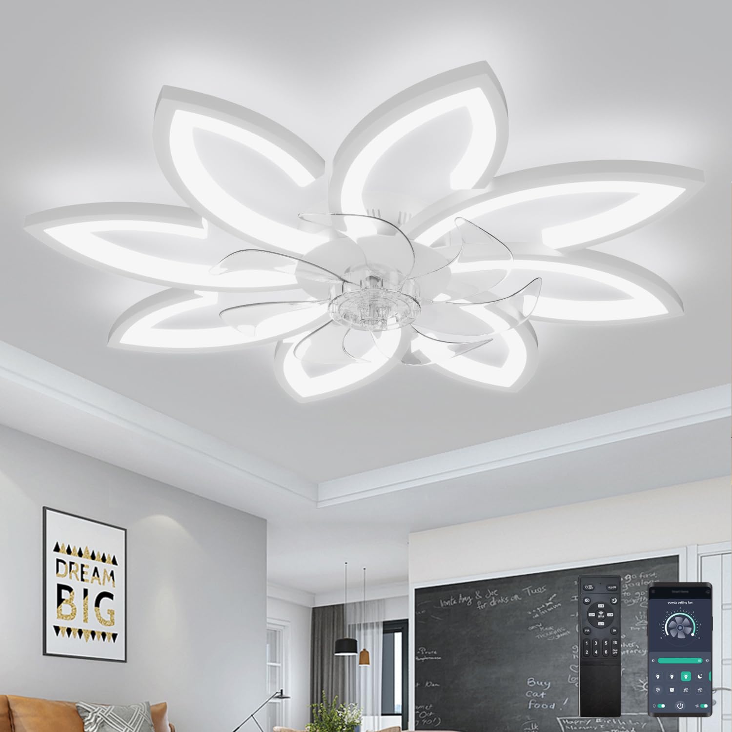 Ventilador de Techo Silencioso con Luz y Mando a Distancia, Lampara de flor Diseño Moderno, Regulable, Función Memoria, Motor DC, Verano Invierno Reversible, Blanc