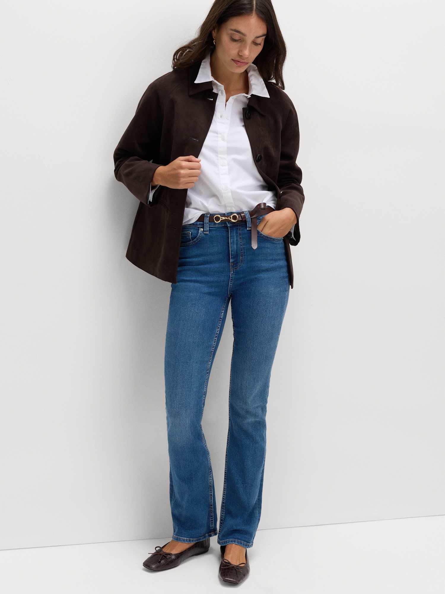 Marks & Spencer Damen Baumwolle Hose Regular | Mit mittlerem Bund, Beinform: Bootcut, Waschung: Mittelblau, Zum Reinschlüpfen, Leicht