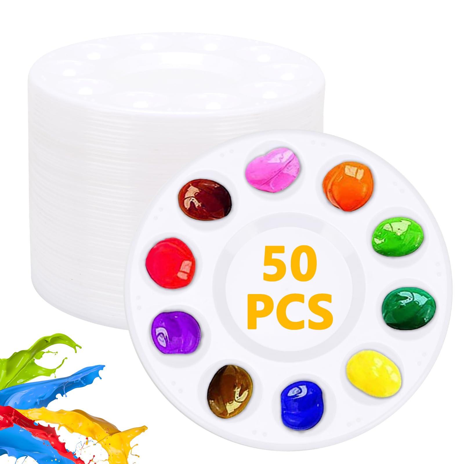 50 bandejas de paleta de pintura, bandeja de pintura de plástico de 10 pozos con área de mezcla central, paleta de acuarela reutilizable para artistas, niños, aula, manualidades, decoración de