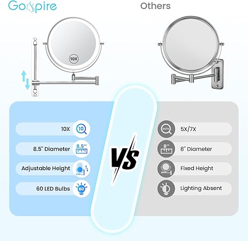 Miniatura 2 de Gospire Espejo de maquillaje iluminado recargable de 8.5 pulgadas con aumento de 10X, 3 colores de luz, brillo y altura ajustables, rotación de 360,