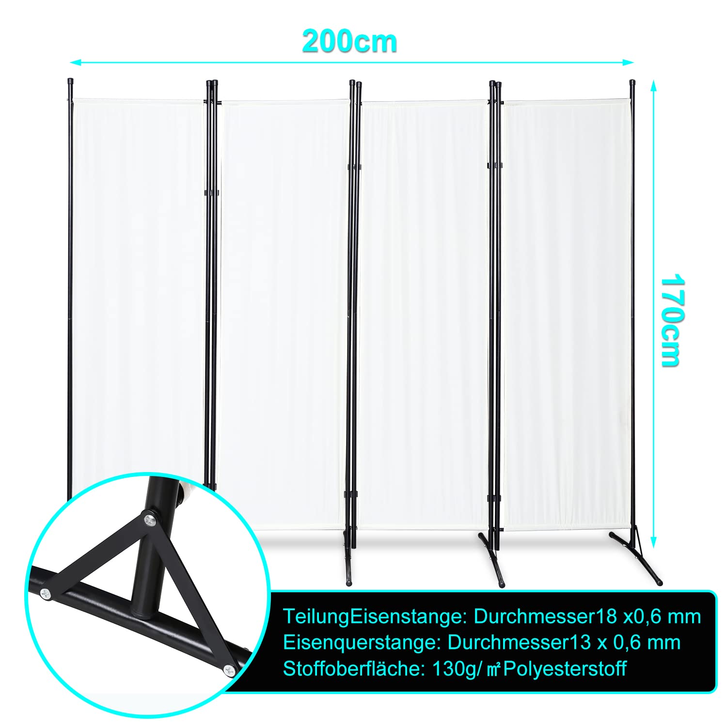 Paravent Pliable 200x170 Cm - Séparateur De Pièce Intérieur - Tissu Polyester Noir - Pour Salon, Chambre, Dressing, Bureau