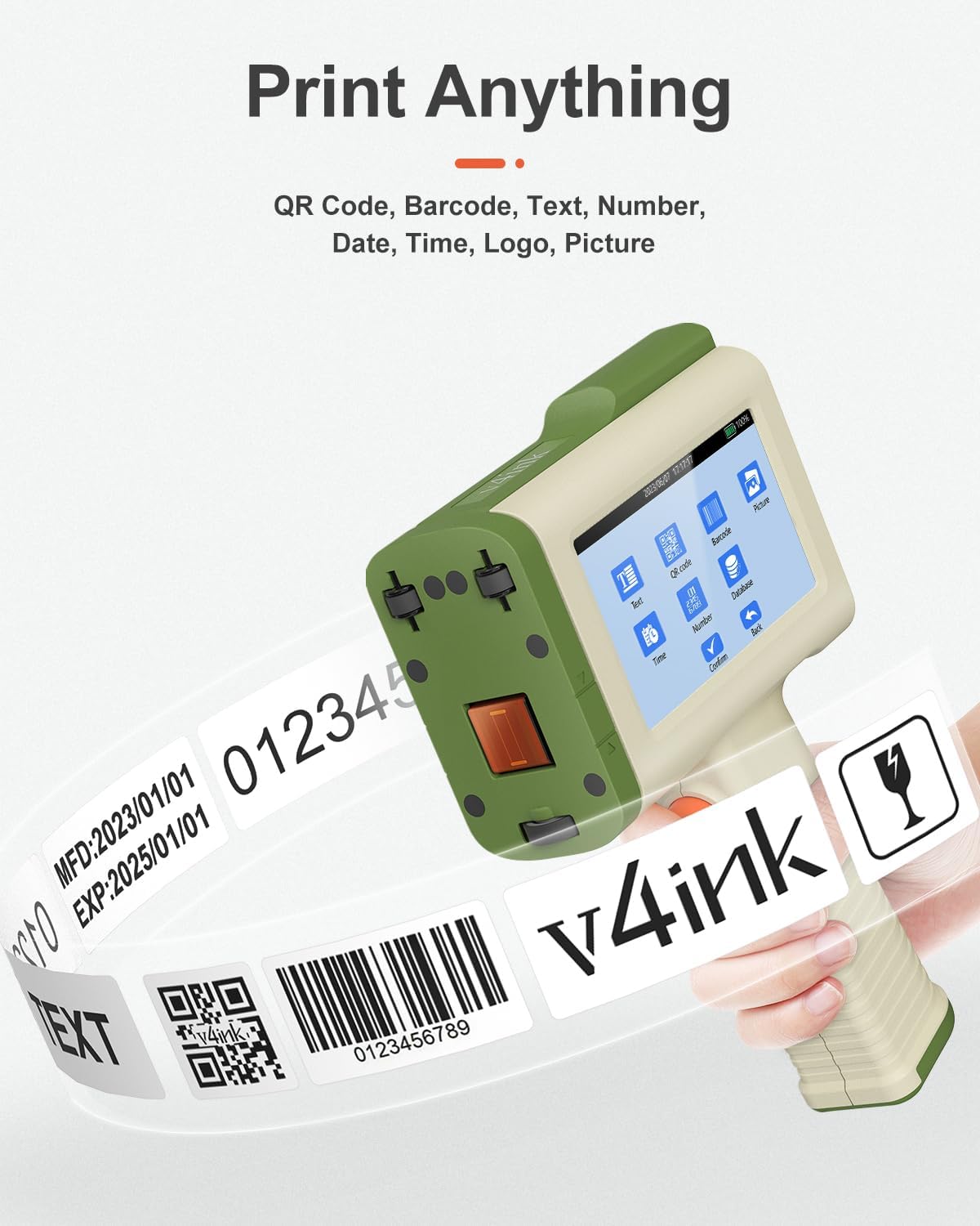 v4ink Handheld Printer BT-HH6105B2 Beige Handheld Inkjet Printer Print 0.5 Inch QR Code Barcode Date Logo Batch Number on Glass Bag Plastic Pipe with Waterproof Fast Dry Ink