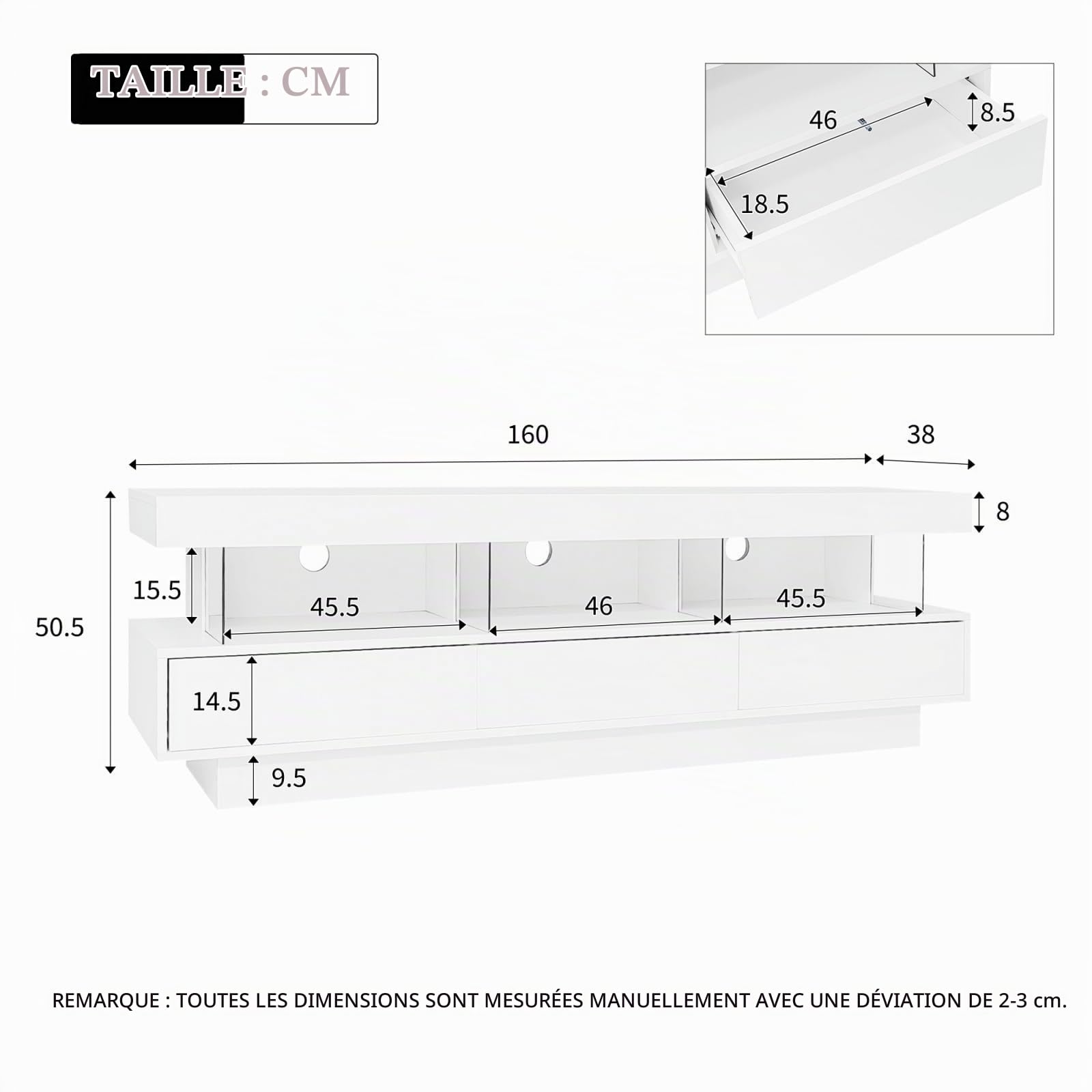 YEHTOKHOME Meuble TV LED 160 cm, Meuble TV avec 3 Tiroir, 3 Étagères en Verre, LED RGB Contrôlable par App Bluetooth, Supporte Télé 70 Pouces, Style Moderne pour Salon (Blanc-1)
