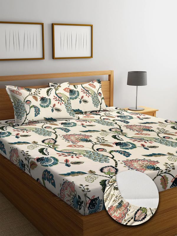 Image of NHD HOME Premium Cotton 220 TC Elastic Fitted Bedsheets with 2 Pillow Covers | Double /King Bed with All Around Elastic Wrinklefree Supersoft Breathable |Size-78 x72+10 inches | Off White & Green| TC - 220