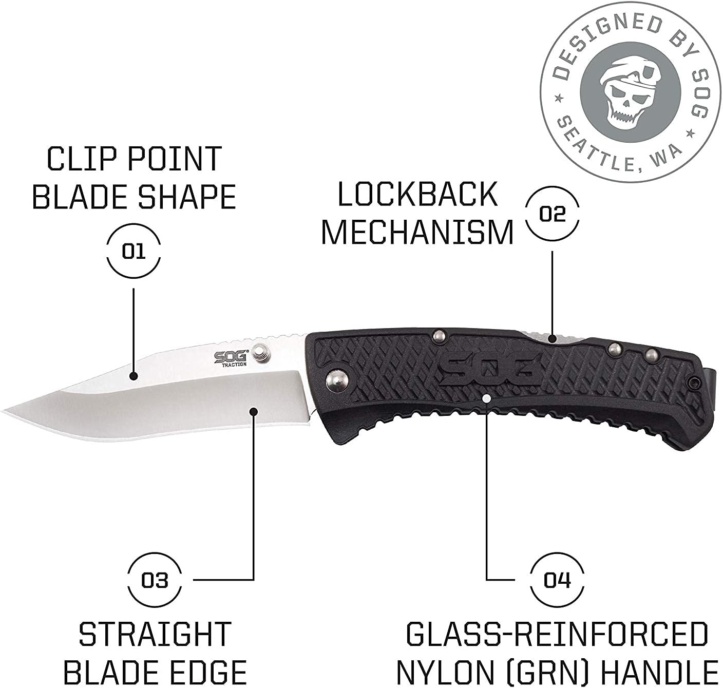 SOG Traction Folding Knife Clip Point