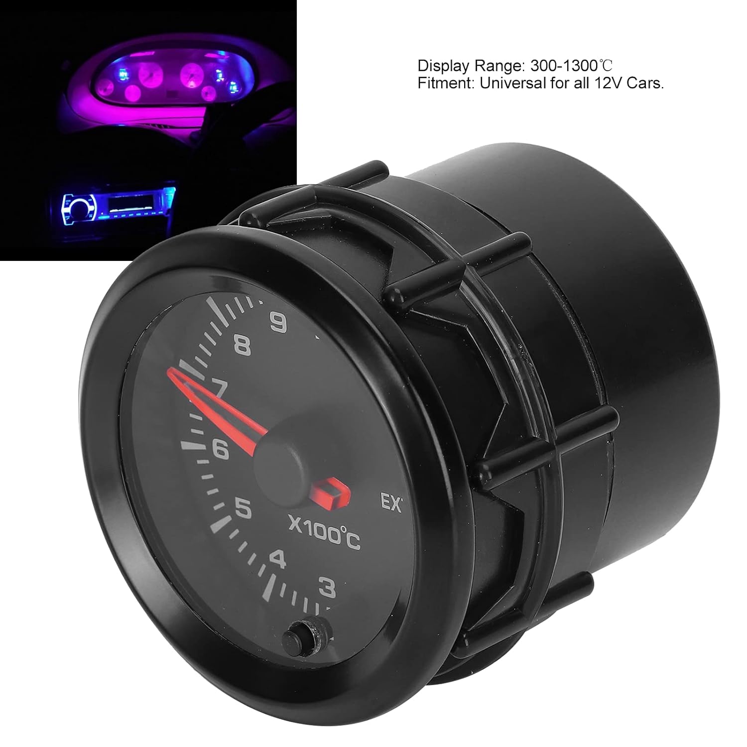 Exhaust Gas Gauge, EGT Meter, 52mm 2in 300‑1300℃ 7 Color Display, Compatible with 12V Cars, DC10‑15V Temperature Gauge, Automotive Exhaust Temperature Sensor
