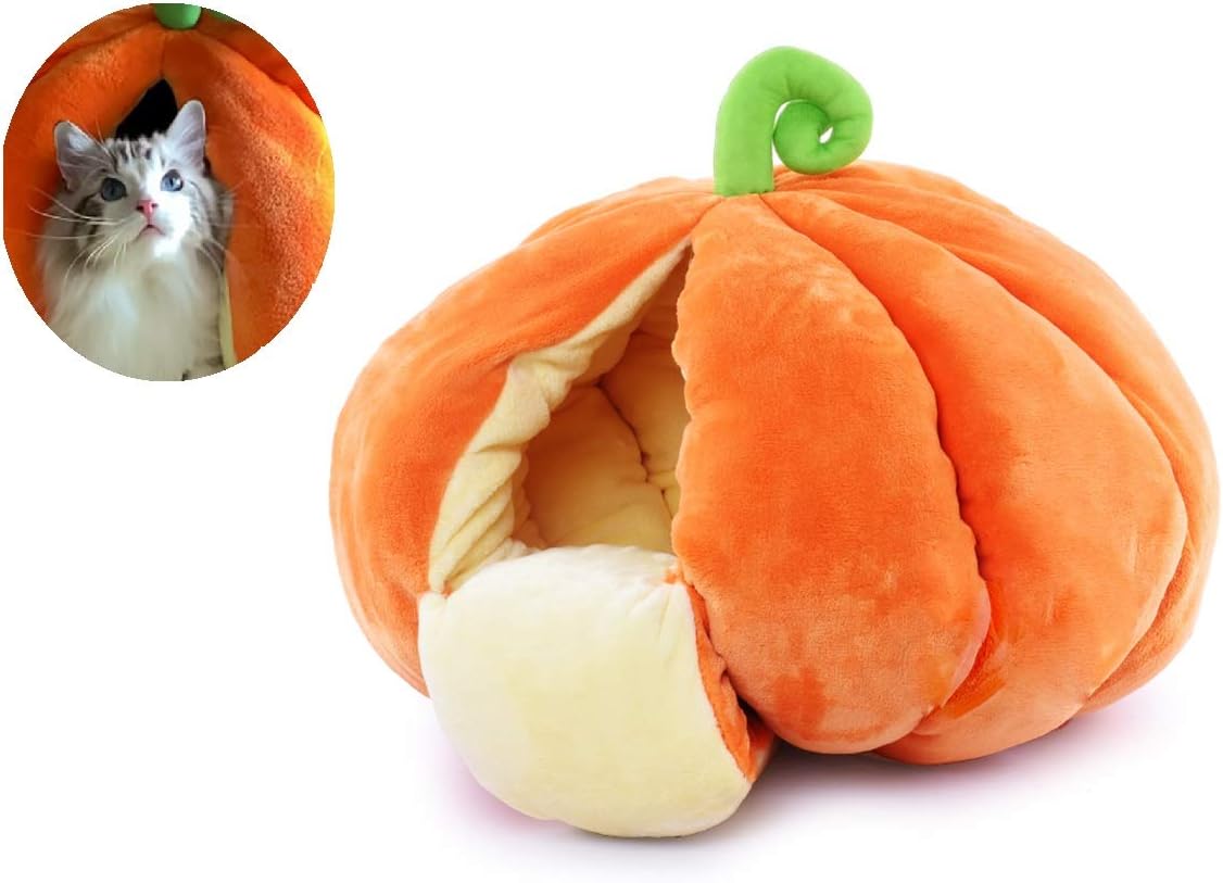 KIOPS Pumpkin Cave Cat Bed | Cozy Enclosed Dog Bed | Machine-Washable Pet Bed for Anxious and Nervous Dog | Suitable for Small Breed Dogs or Cats (PUMPKIN)