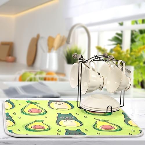 Miniatura 5 de Tapete de secado de platos con diseño de gatos divertidos con aguacate, 16 x 18 pulgadas, tapete de café de secado rápido, tapete de microfibra para