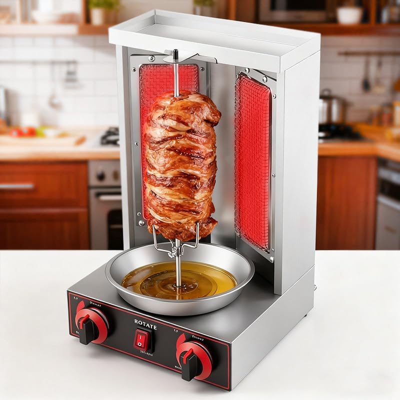 LPG Gas Shawarma Doner Kebab Machine, Gas Vertical Broiler Kebab, Gyro Grill Machine with 2 Burner, Roasting 10kg of Meat, Shawarma Machine, Gyro Rotisserie Silver