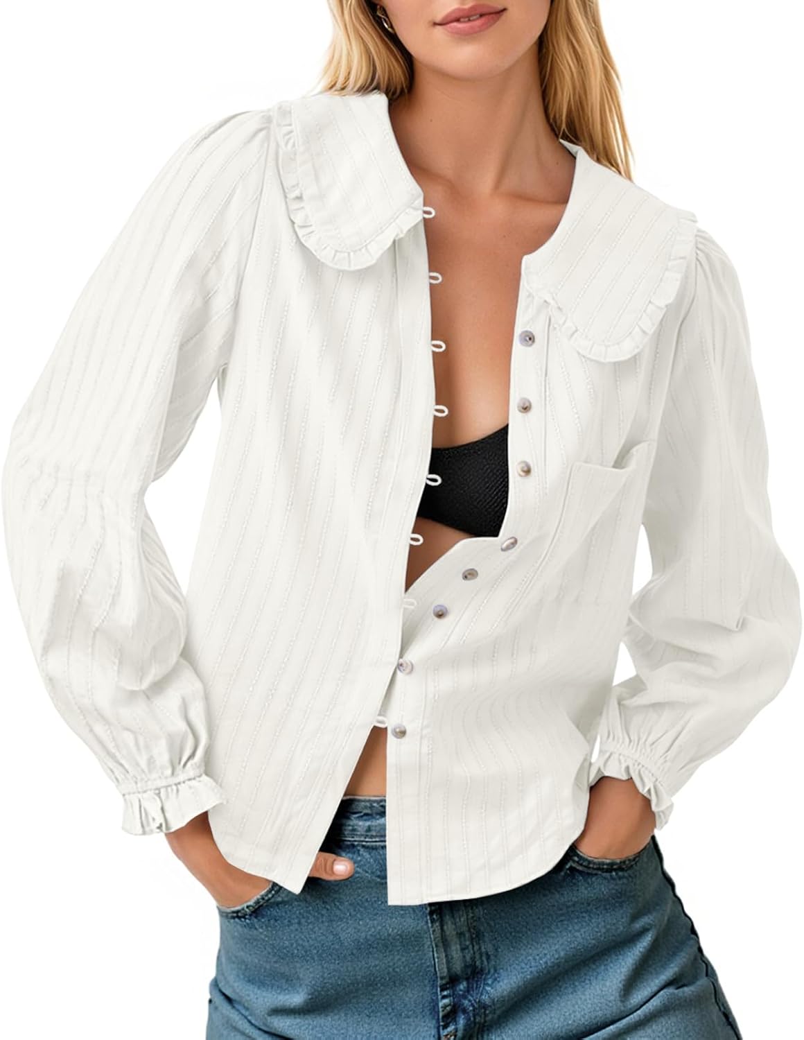 Tankaneo Womens Peter Pan Collar Shirts Puff Long Sleeve Button Down Cotton Blouse Casual Fall Textured Tops