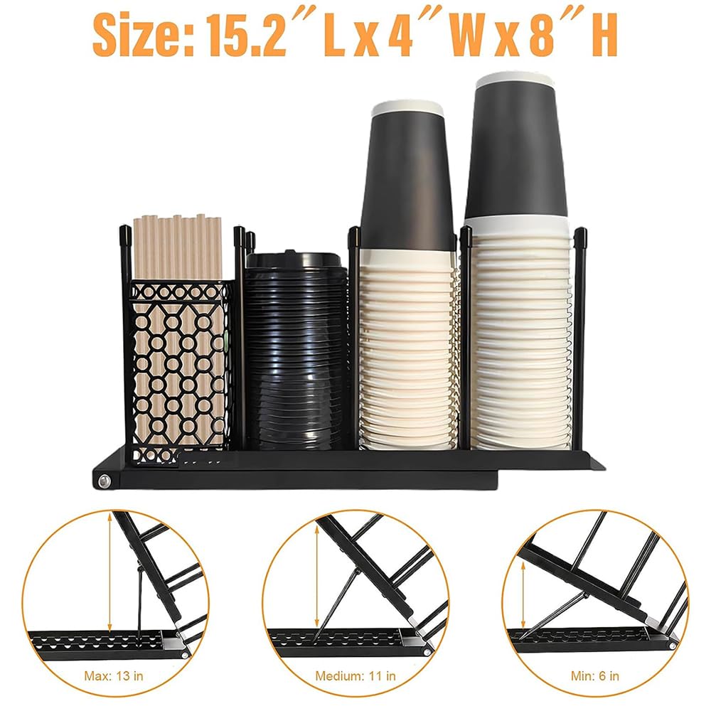 HEYOUTH Juego de 2 organizador de tazas de café desechables | Negro/Blanco con Cesta para Pajitas | 8 Alturas + 4 Niveles Extraíbles (100 Vasos) para Cafeterías y Oficinas