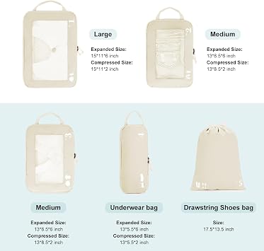 ECOHUB 5 Set Compression Packing Cubes for Suitcases Organiser Bags Travel Accessories with Shoes Bag Tear-resistant Travel Cubes with ID Tag Expandable Packing Bags(Beige)