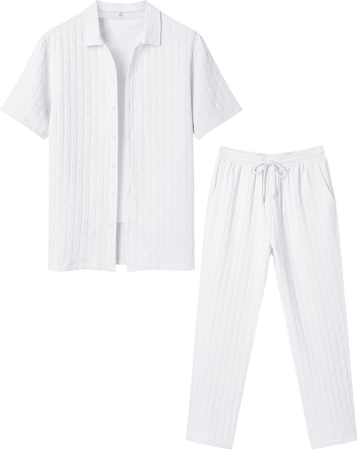 LecGee Mens 2 Piece Outfits Textured Short Sleeve Button Down Shirts and Matching Loose Pants Beach Party Suits - Image 2