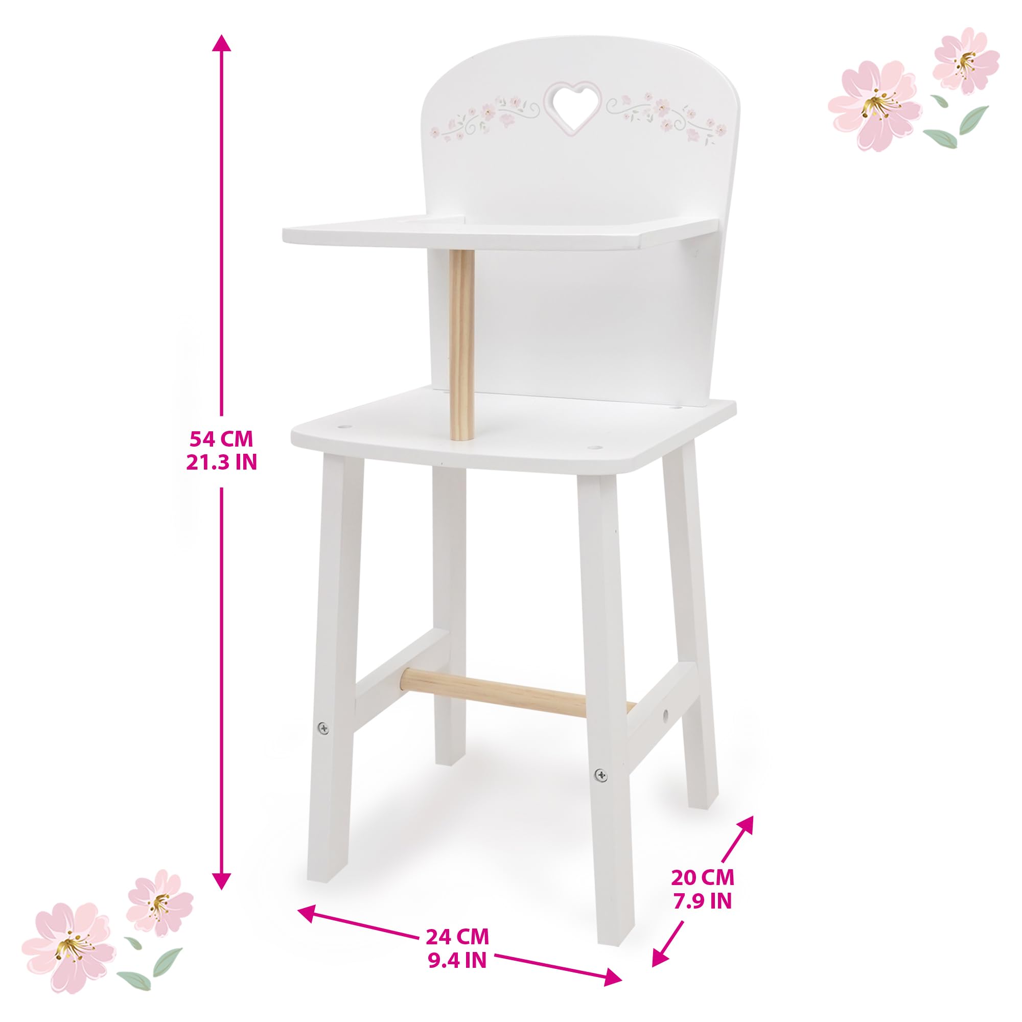 509 Crew: Little Flora - Seggiolone per bambole in legno - Fiore-Bianco-Rosa, Stazione di alimentazione, Bambole e animali di peluche, giocattolo finto gioco, bambino 3+