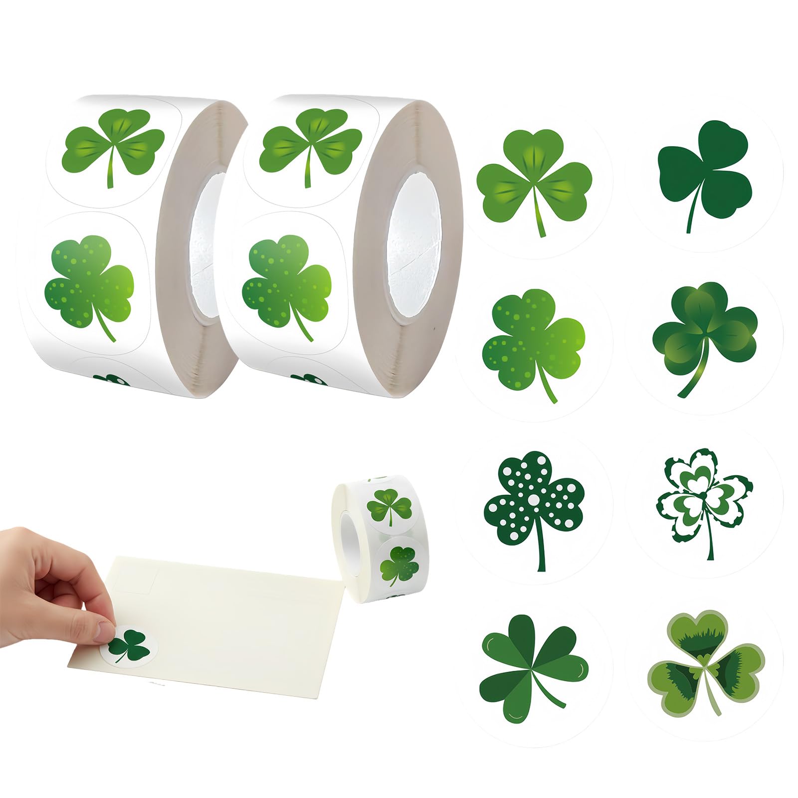 St Patrick's Day Sticker Set - 2 Rolls 500 Stickers for Crafts, Decoration and DIY - 8 Green Designs - Ideal for Gifts, Cards and Celebrations