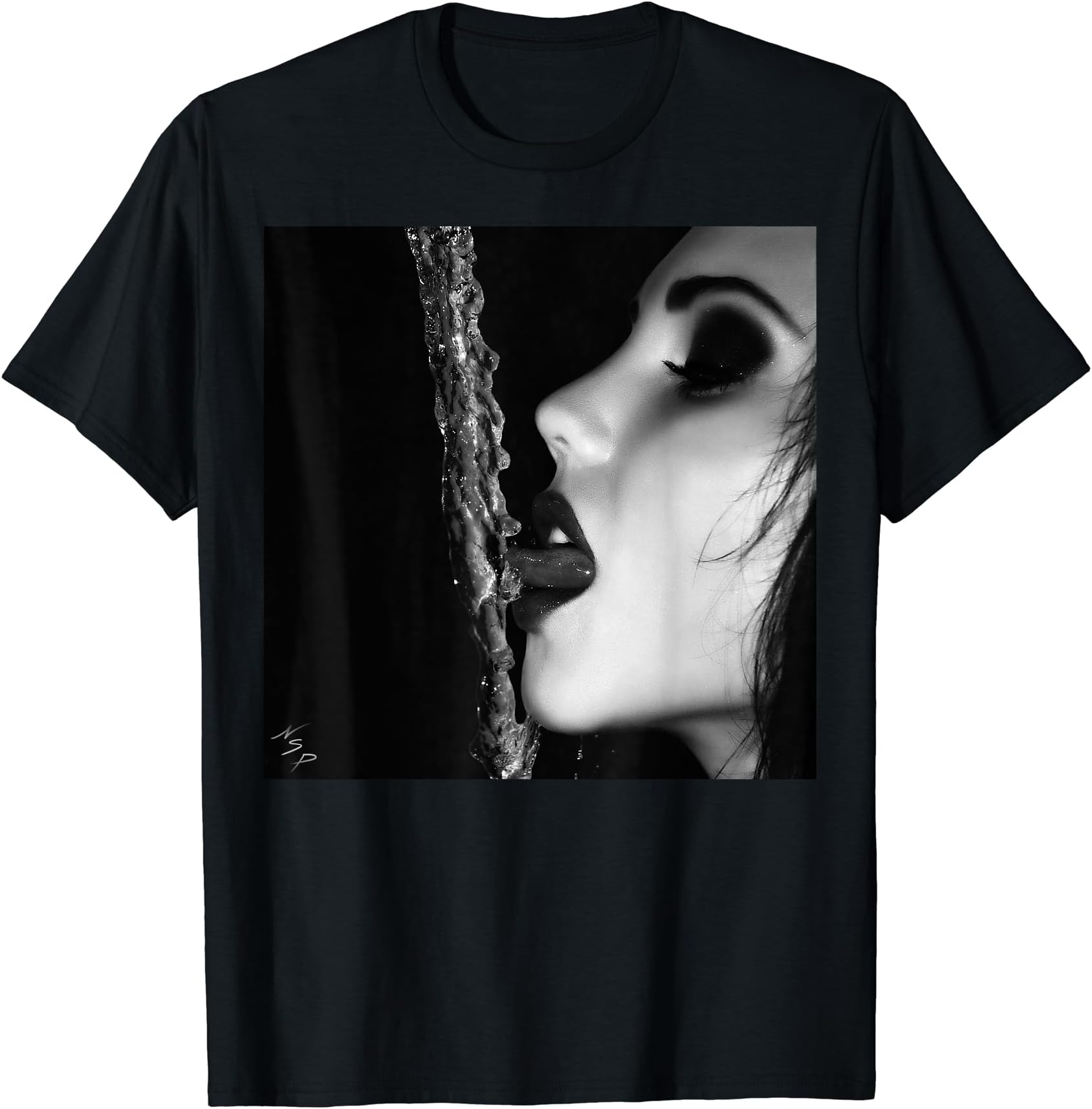 T-Shirt with Girl On It - Girl Licking Stream of Water B&W T-Shirt