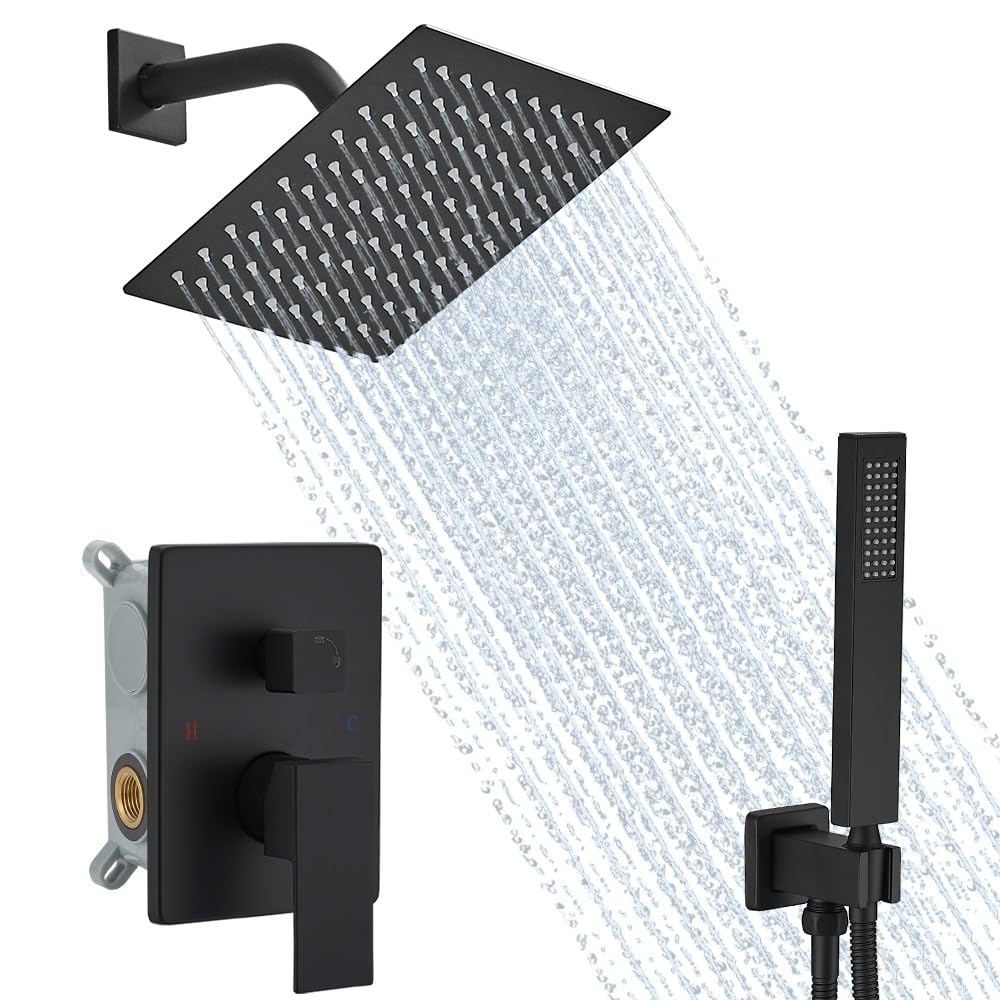 Matte Black Shower System, 8 Inch High Pressure Rain Shower with Handheld, Wall Mount Shower Faucet Set for Bathroom, Rough-in Valve Body and Trim Included