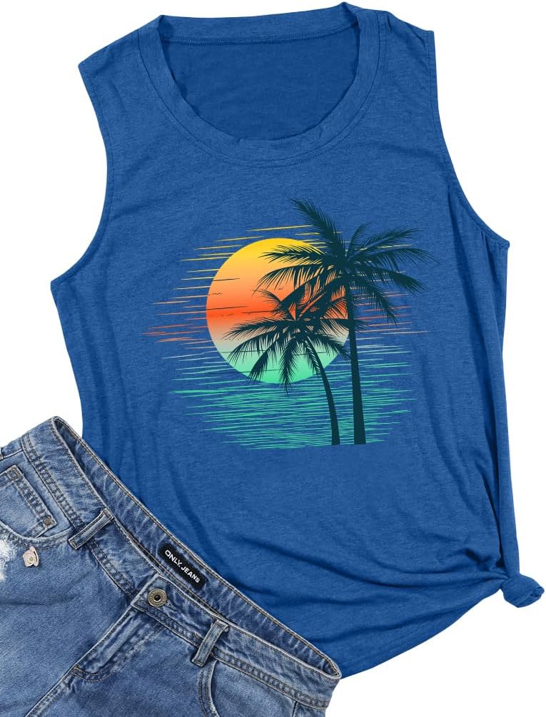 PECHAR Hawaiian Shirts for Women Palm Trees Beach Tank Tops Sunset Graphic Tees Summer Vacation Sleeveless Outfits - Image 5