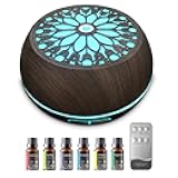 550ml Large Capacity Essential Oil Diffuser with 6 Aromatherapy Oils Set,Ultrasonic Air Humidifier with Timer and 7 Color LED Night Light Waterless Auto-Off Dark Wood Grain