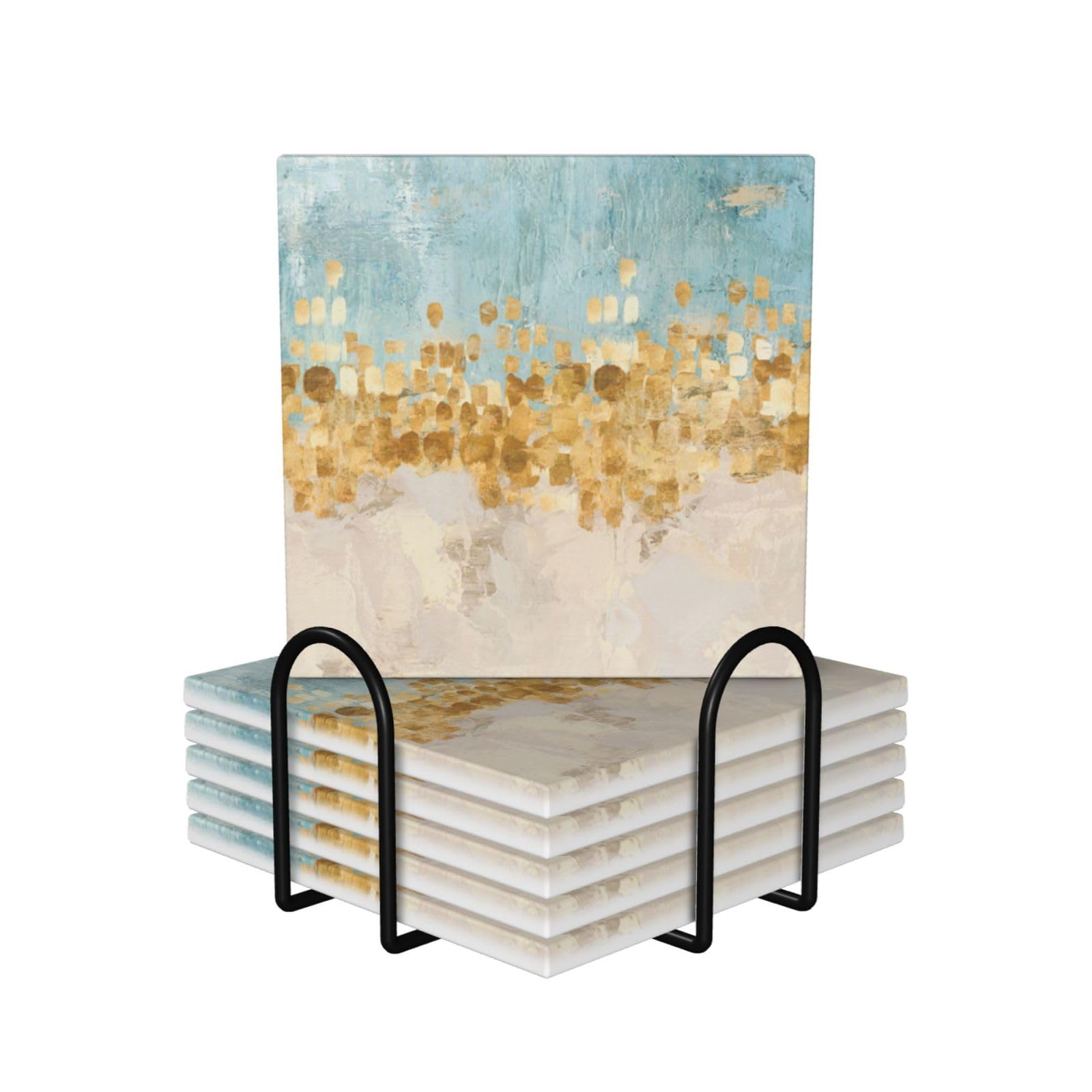 Dessous de verre en céramique beige et doré avec support lot de 6