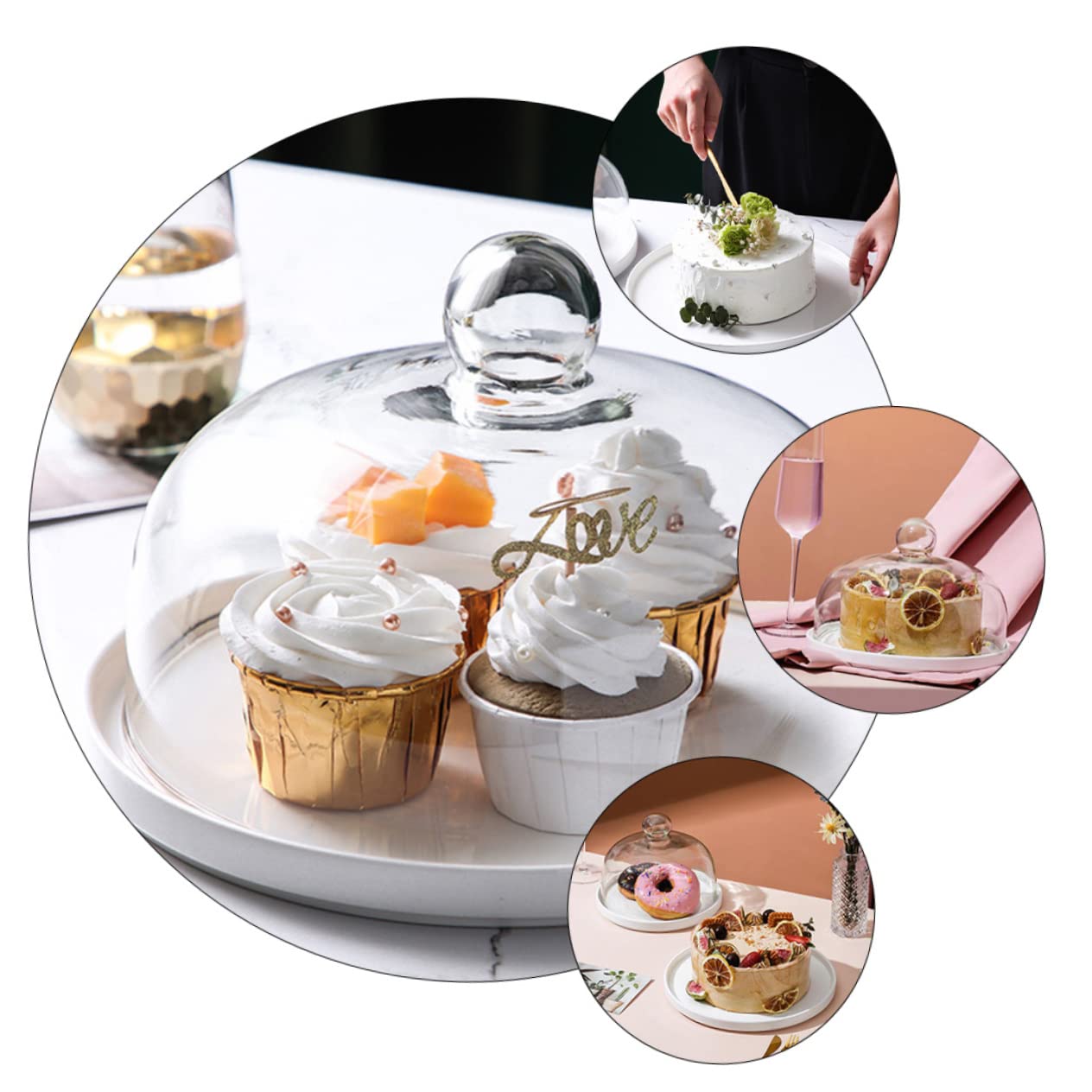 Plato de Cerámica para Tartas con Bandeja para Servir y Tapa de Vidrio Transparente de Bandeja Antipolvo para Repostería y Pastelería para Exhibición de Postres y Frutas Cocina y
