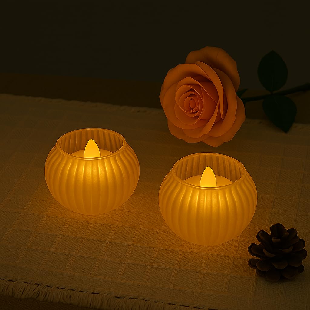 Tia Crafts LED Tealight Candles, Ribbed Glass Holders, Warm Yellow Flame, for Home, Christmas, Diwali, Wedding & Party Decor (2)-image-37