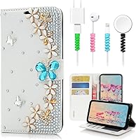 Vista 1 de STENES Bling - Funda de piel tipo cartera compatible con iPod Touch 7ª generación (2019), diseño de flores y mariposas en 3D hechas a mano, con Azul