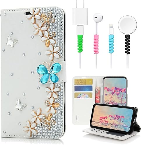 STENES Bling - Funda de piel tipo cartera compatible con iPod Touch 7 generación (2019), diseño de flores y mariposas en 3D hechas a mano, con