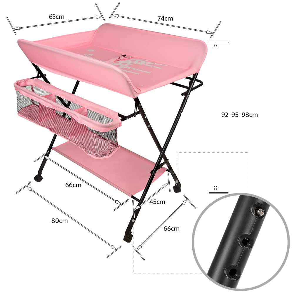 SHISHI Fasciatoio Portatile Pieghevole, Fasciatoio a Piedi per Neonati, Fasciatoio da Viaggio, Materassino Fasciatoio Impermeabile e Lavabile, Protegge la Vita (80×66×(92-98) cm, Rosa acceso-nero A)