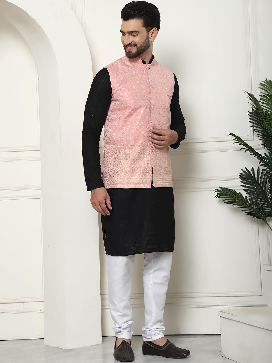 Sojanya (Since 1958 Men's Pure Cotton Black Kurta And White Pyjama With Pink Nehru Jacket