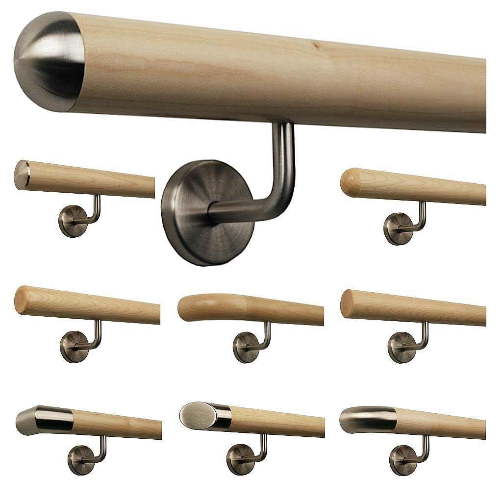 Poręcz schodowa, drewniana, kątowa, ze stali nierdzewnej, długość 30-500 cm, z jednego kawałka/wariant: 190 cm, z 3 uchwytami, półokrągła nasadka ze stali nierdzewnej