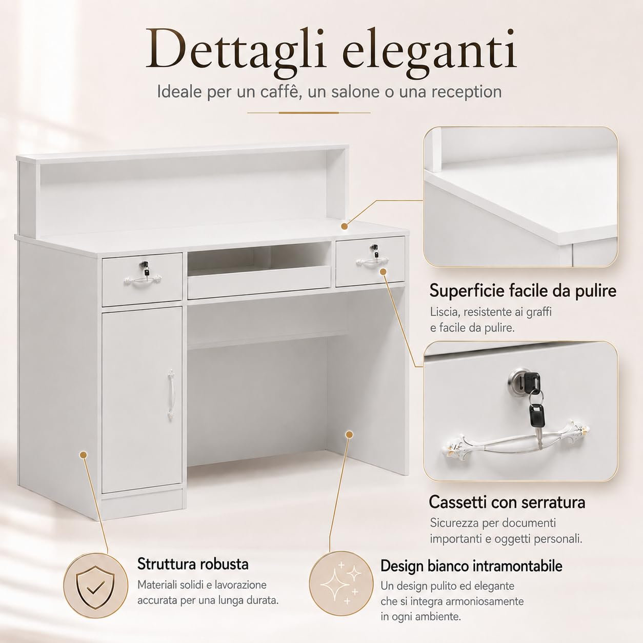 Banco di reception, banco di reception, banco di vendita, sala reception, sala di accoglienza, bancone da ufficio, con grande superficie di lavoro, bianco, legno, 100 cm x 120 cm x 50 cm