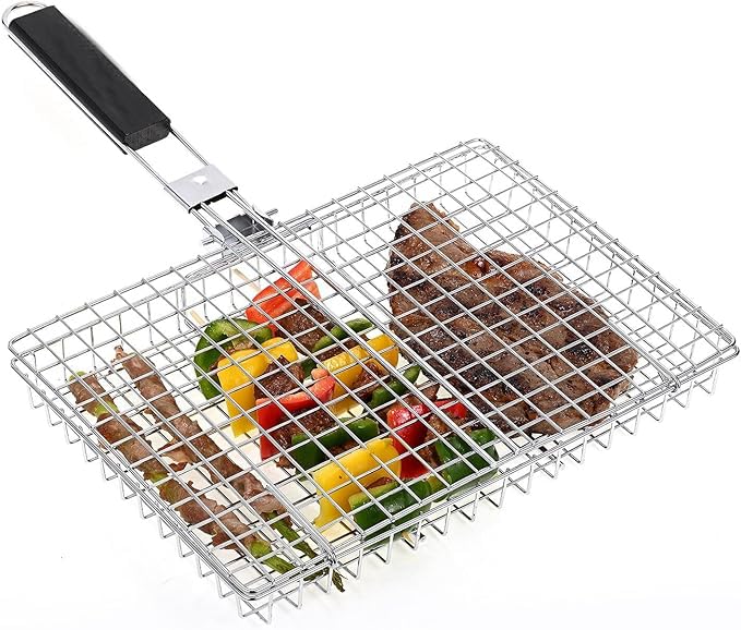 Grill Basket WINHONW Grill Baskets BBQ Basket BBQ Grilling Basket Large Folding Grill Basket with Removable Handle.Grill Baskets for Outdoor Grill .Grill Accessories BBQ Accessories Grilling Barbecue Basket