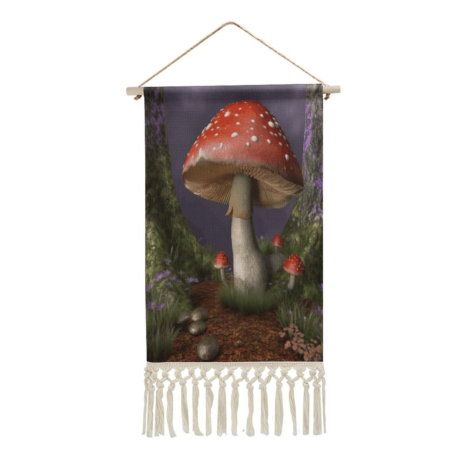 VstaDank Mushroom Wall Art Decor with Tassels 20"x10" Cotton Linen Hanging Tapestry Decor Wall Art Prints Wood Frame Boho Wall Art Poster for Bedroom Living Room Office