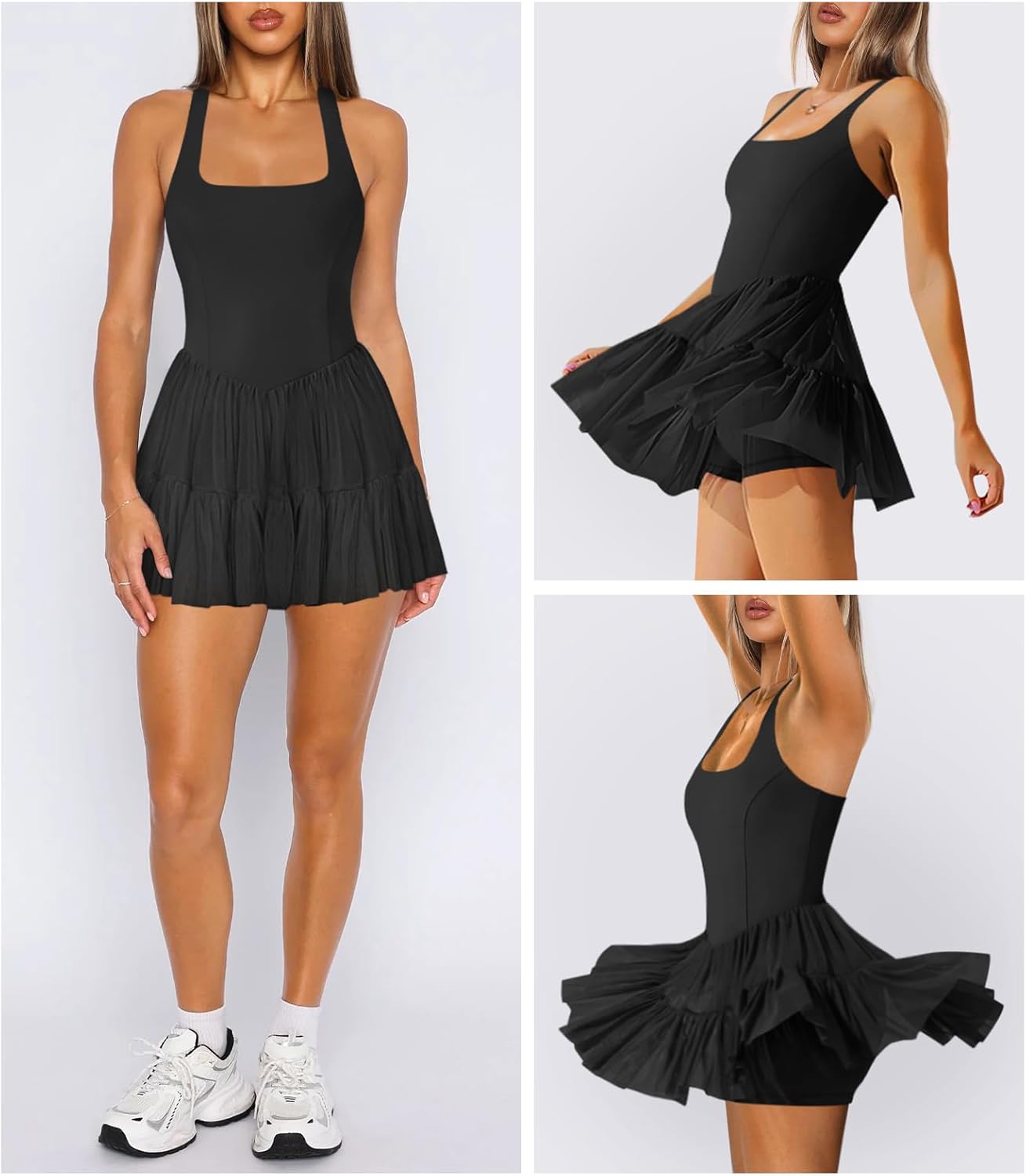 Women's Tennis Flowy Pleated Ruffle Athletic Dress for Women Halter Neck Sleeveless Mini Golf Dress with Shorts Pocket - Image 2