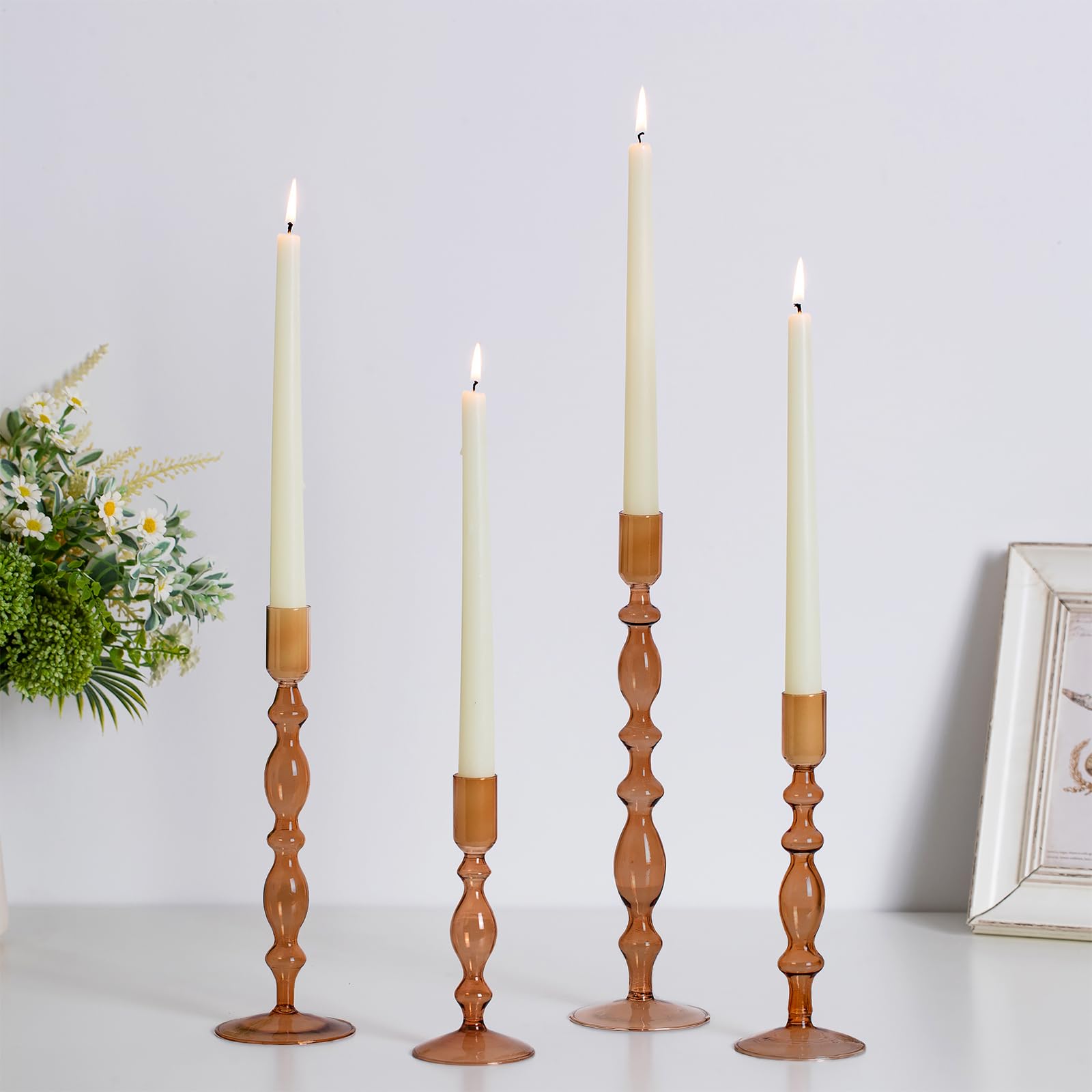 Hewory Glass Candle Holder Set: 4PCS Amber Glass Candlestick Holders Vintage Taper Candle Holders for Candlesticks, Unique Candle Sticks Holder Decor for Table Dinner Festival Events Decorations