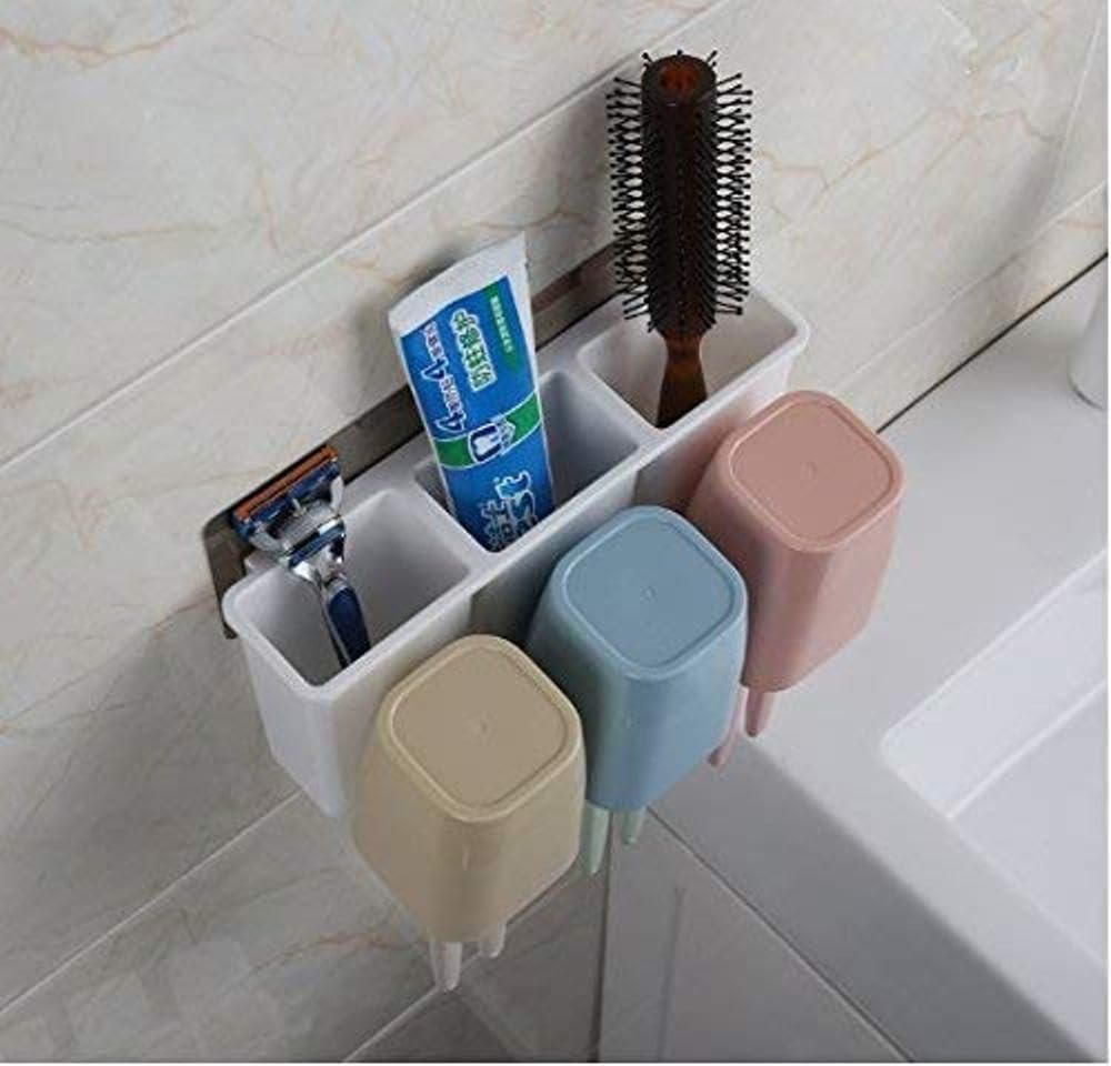AJARVAR Premium Wall Mount Toothbrush Combination Holder with 3 Cups Self-Adhesive Bathroom Shower Storage Organizer 4