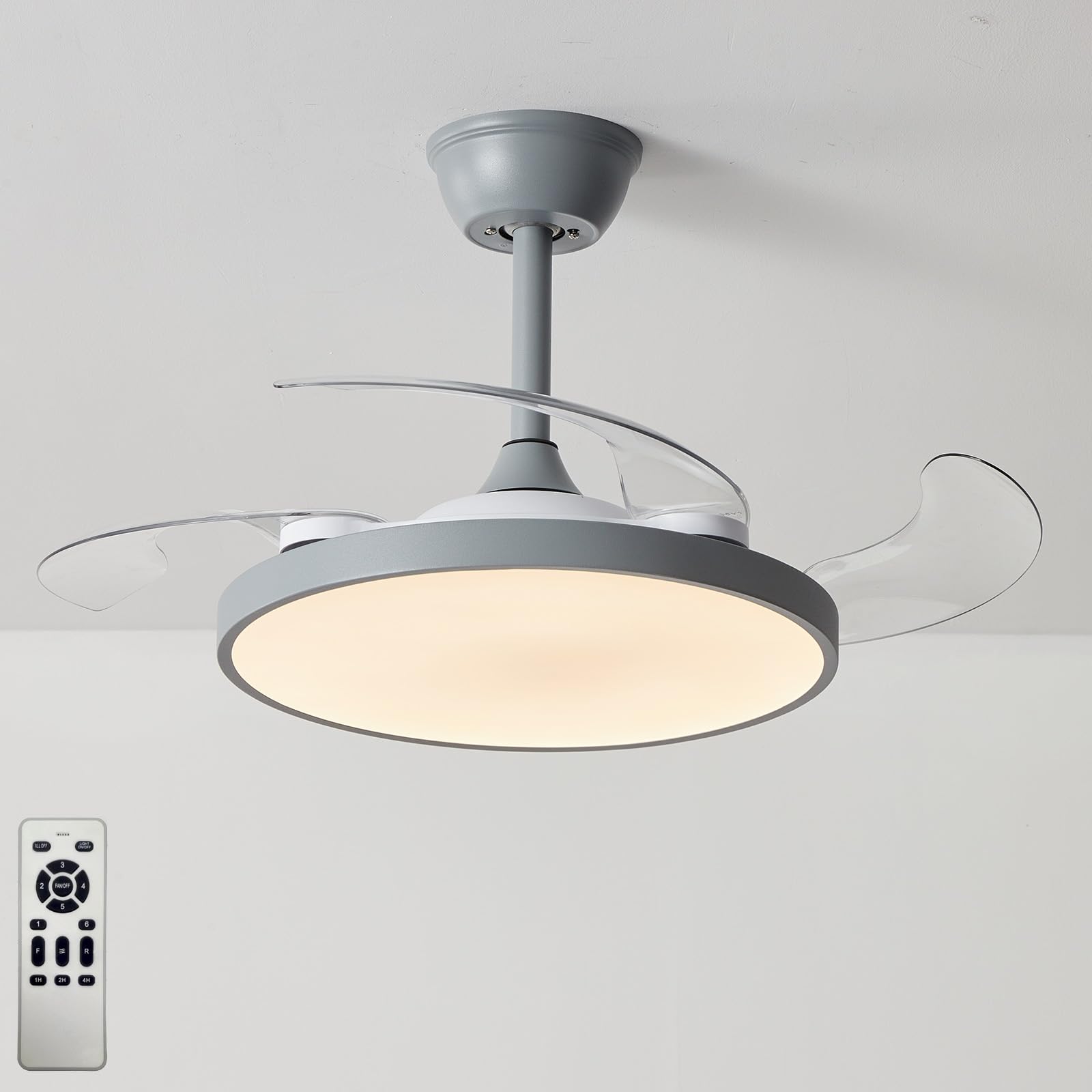 Niño Ventilador De Techo Con Luz Con Mando A Distancia, Regulable Lampara Ventilador Reversible 6 Velocidades Silencioso Luz Ventilador Techo Aspas De Ventilador Retráctiles-Gray||95CM