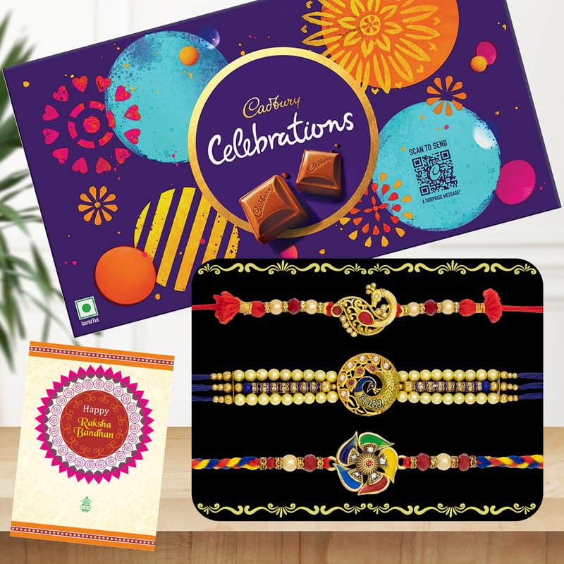 Image of Canton Rakhi With Chocolate Gift Combo, Pack of 3 Designer Rakhi For Brother With Chocolate Gift, Roli & Greeting Card (Design-7, Rakhi With Celebration)