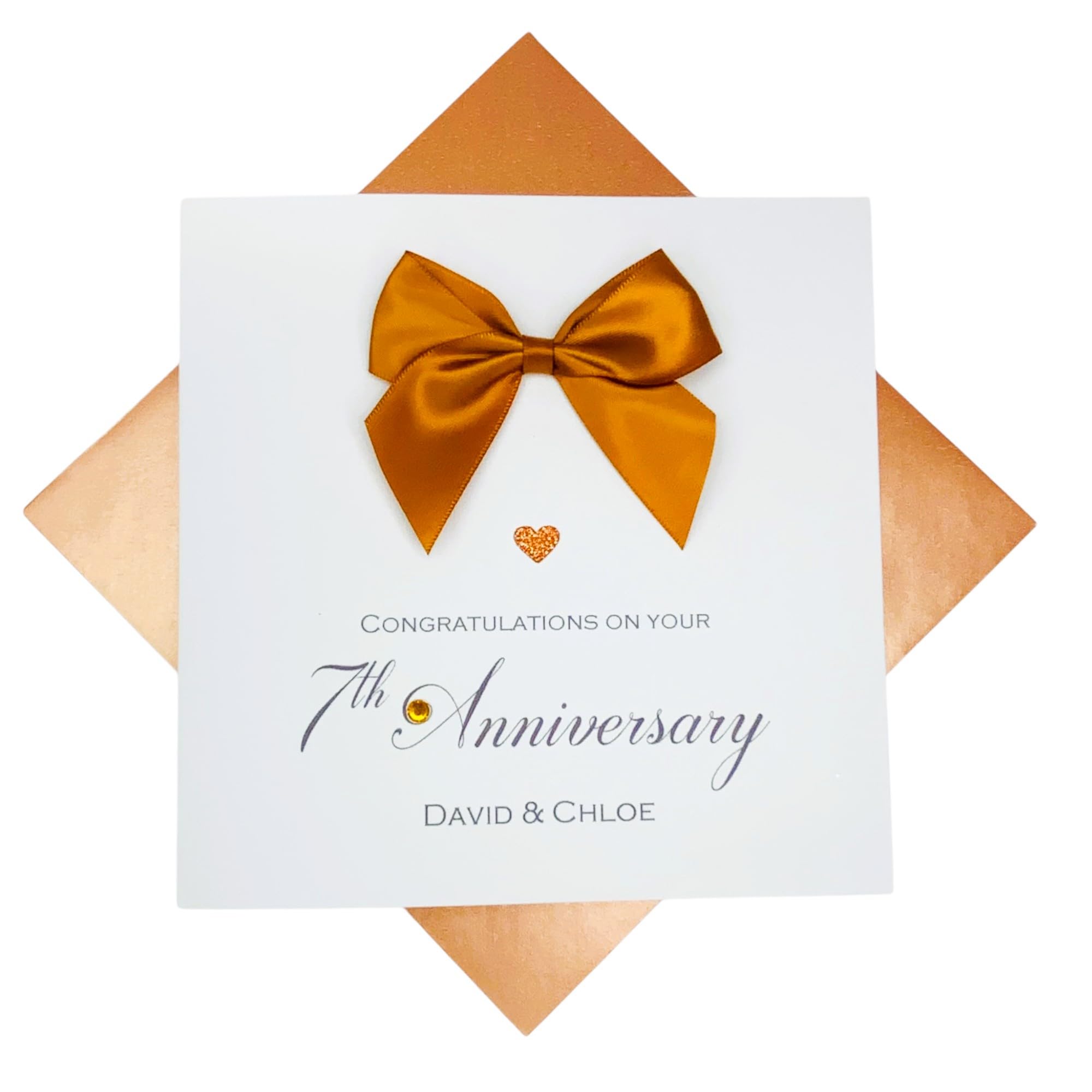 7th Anniversary Card - Copper 7 Year Seventh Wedding Anniversary Greeting Card, Personalised Gift for Wife Husband Couple Friends - Various Designs - 18 Colours (Regal Bow) โ image 1