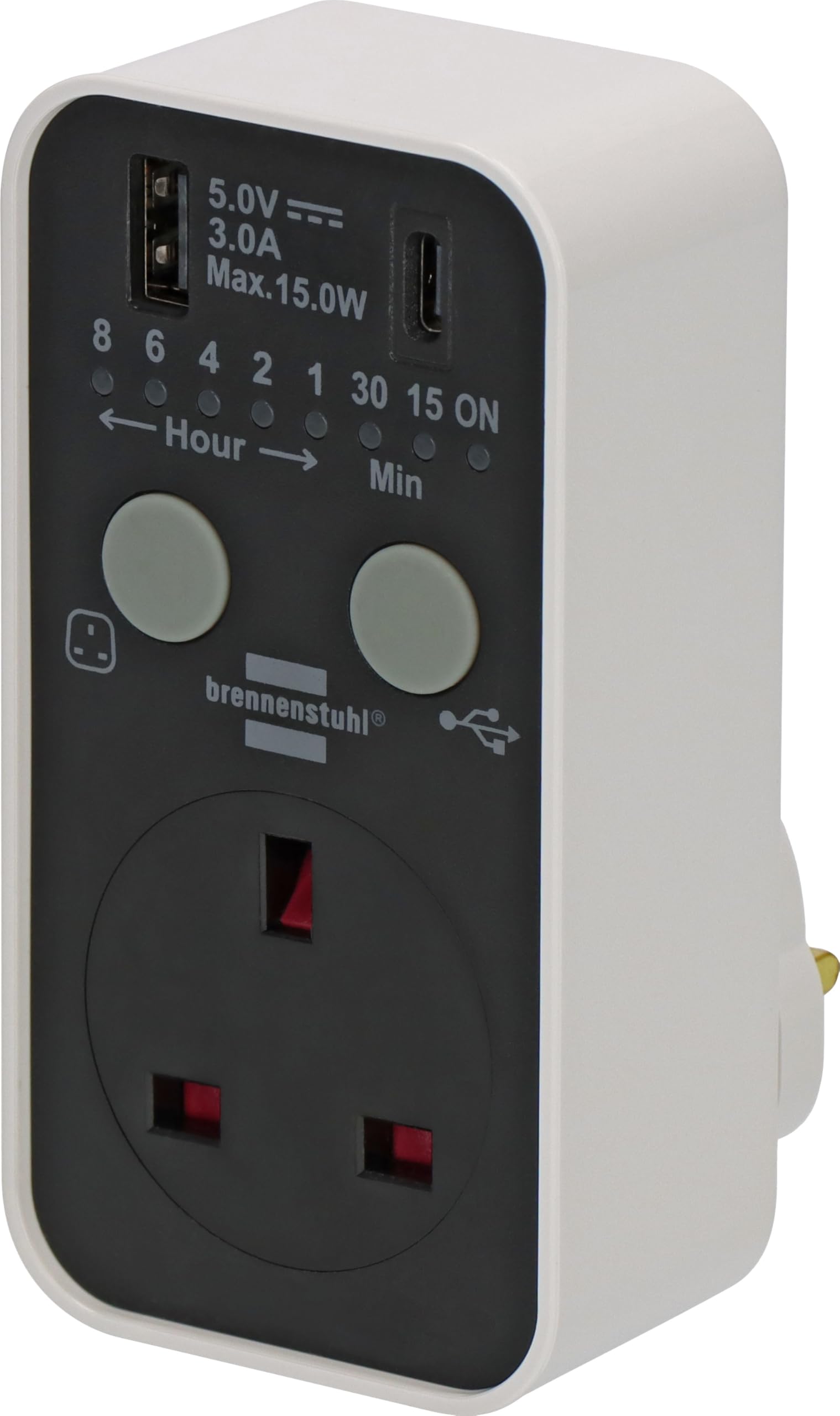 Brennenstuhl Digital Timer Plug with USB A and USB C (Countdown Timer for indoor use countdown adjustable in 7 steps